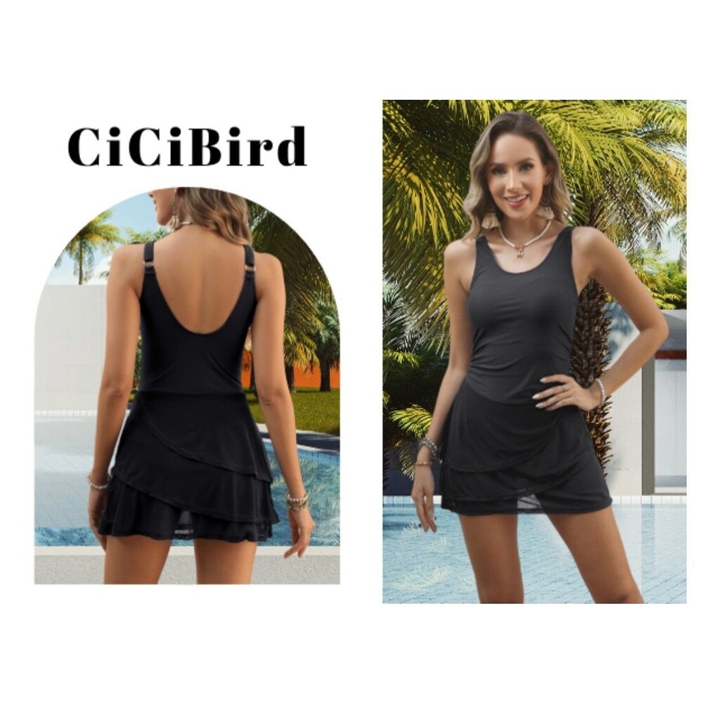 CiCiBird Women's One-Piece Swim Dress Tummy Control Modest Swimwear black XL